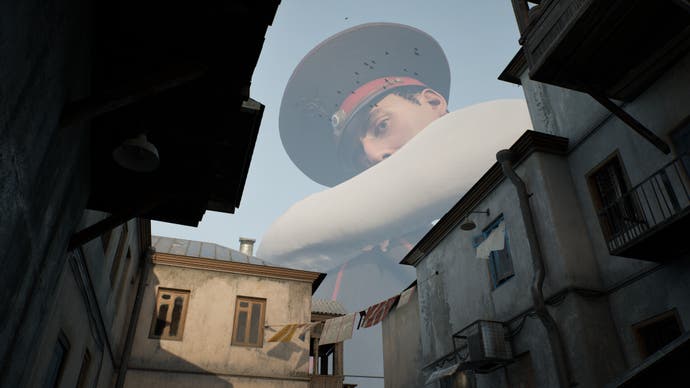 Official screen of Militsioner, showing a giant policeman sulking against the sky, looking down to yourself alongside rooftops of an old Russian village within this foreground.