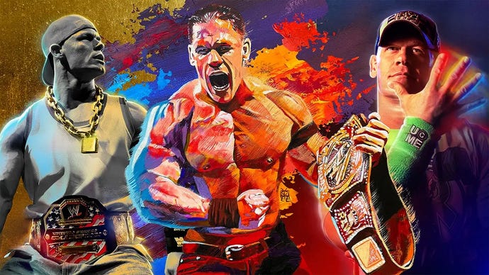 A collage of John Cena across three eras of wrestling represented in WWE 2K23