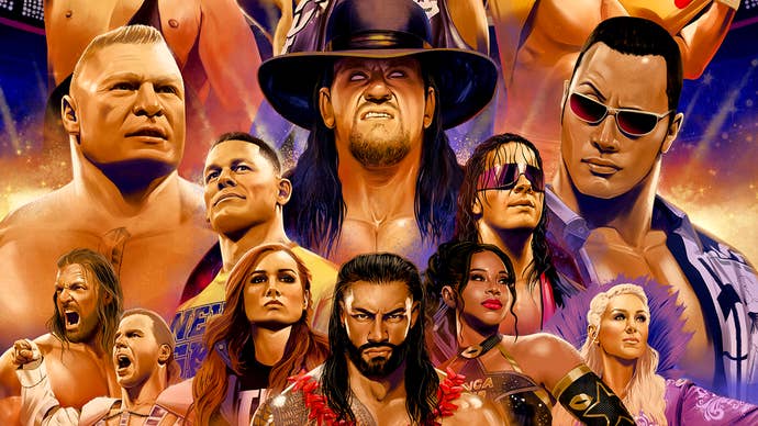 WWE 2K24 artwork celebrating 40 years of Wrestlemania, featuring well-known wrestlers including Dwayne “The Rock” Johnson and John Cena