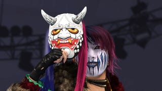 WWE wrestler Asuka holding up her mask in WWE 2K24