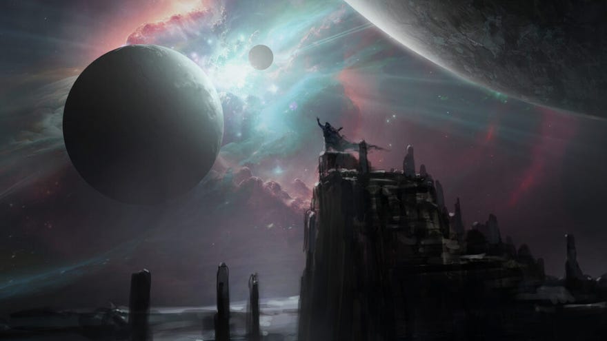 A figure throws their hand up at planets floating in the sky in artwork for open-world RPG Wyrdsong