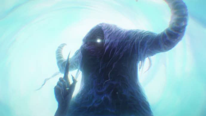 A spooky horned being shushing people in Wyrdsong concept art.