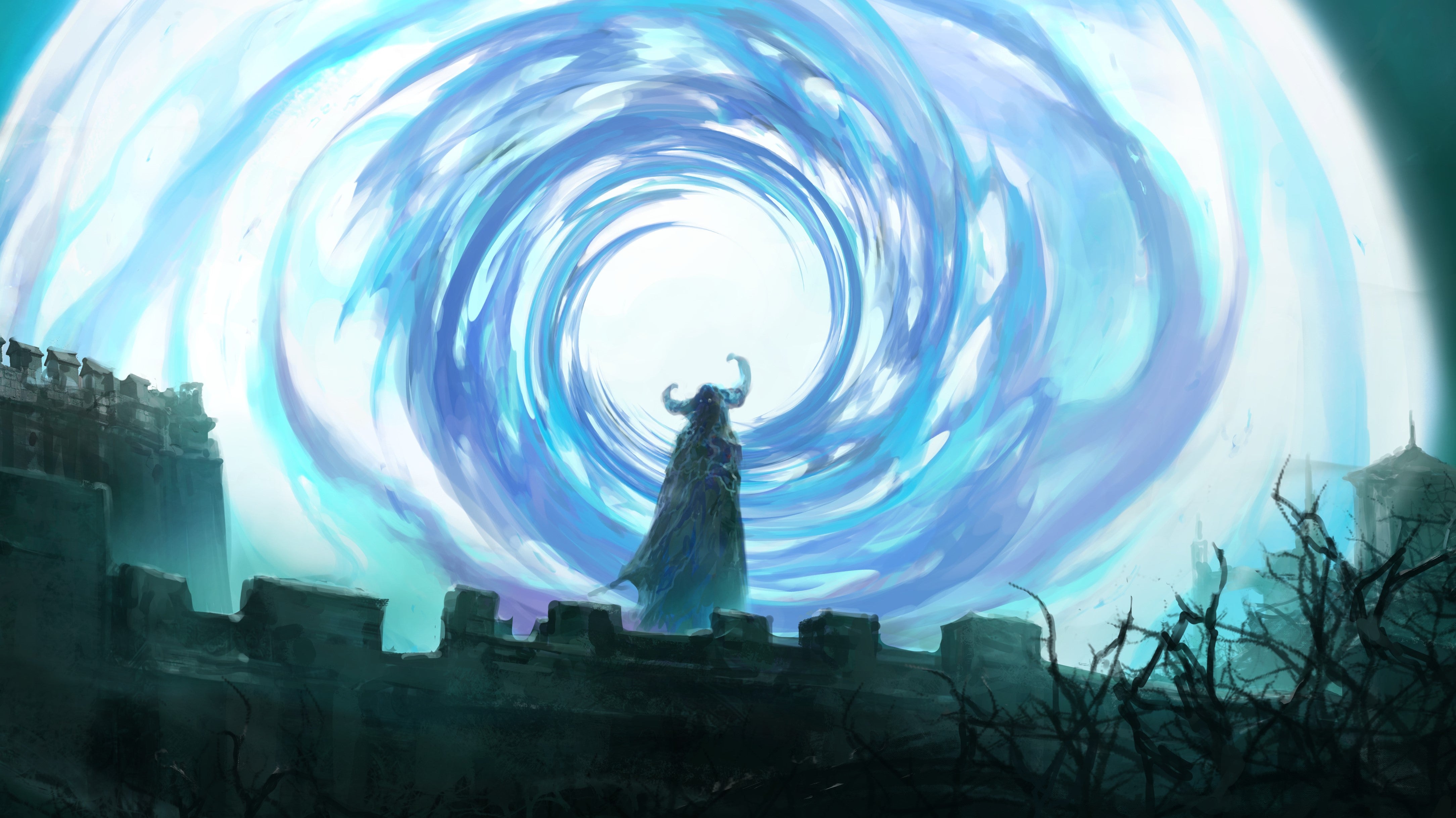 A swirling, eye-like maelstrom of colour behind a horned and cloaked figure standing atop a castle's parapet.