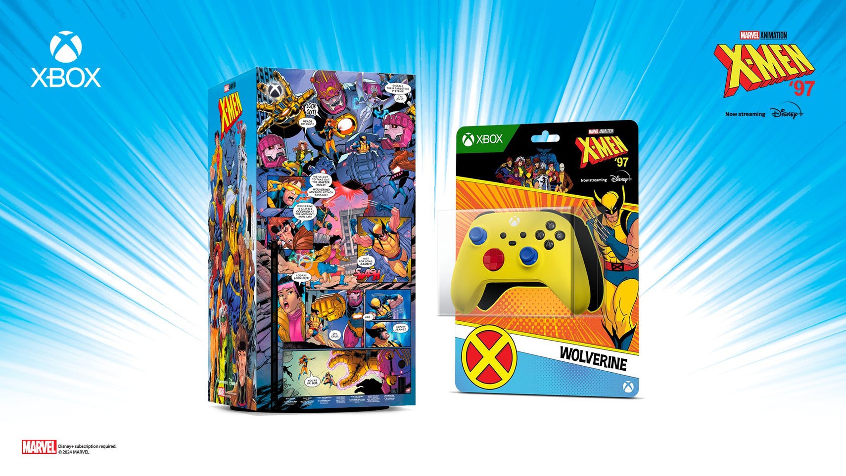 A custom X-Men 97 comic-themed Xbox Series X and packaged Wolverine-themed Xbox controller beside each other on a blue and white background with speed lines. There is an Xbox logo in the top-left corner and an X-Men 97 logo in the top-right. There is a small Marvel logo located in the bottom-left corner. - 1