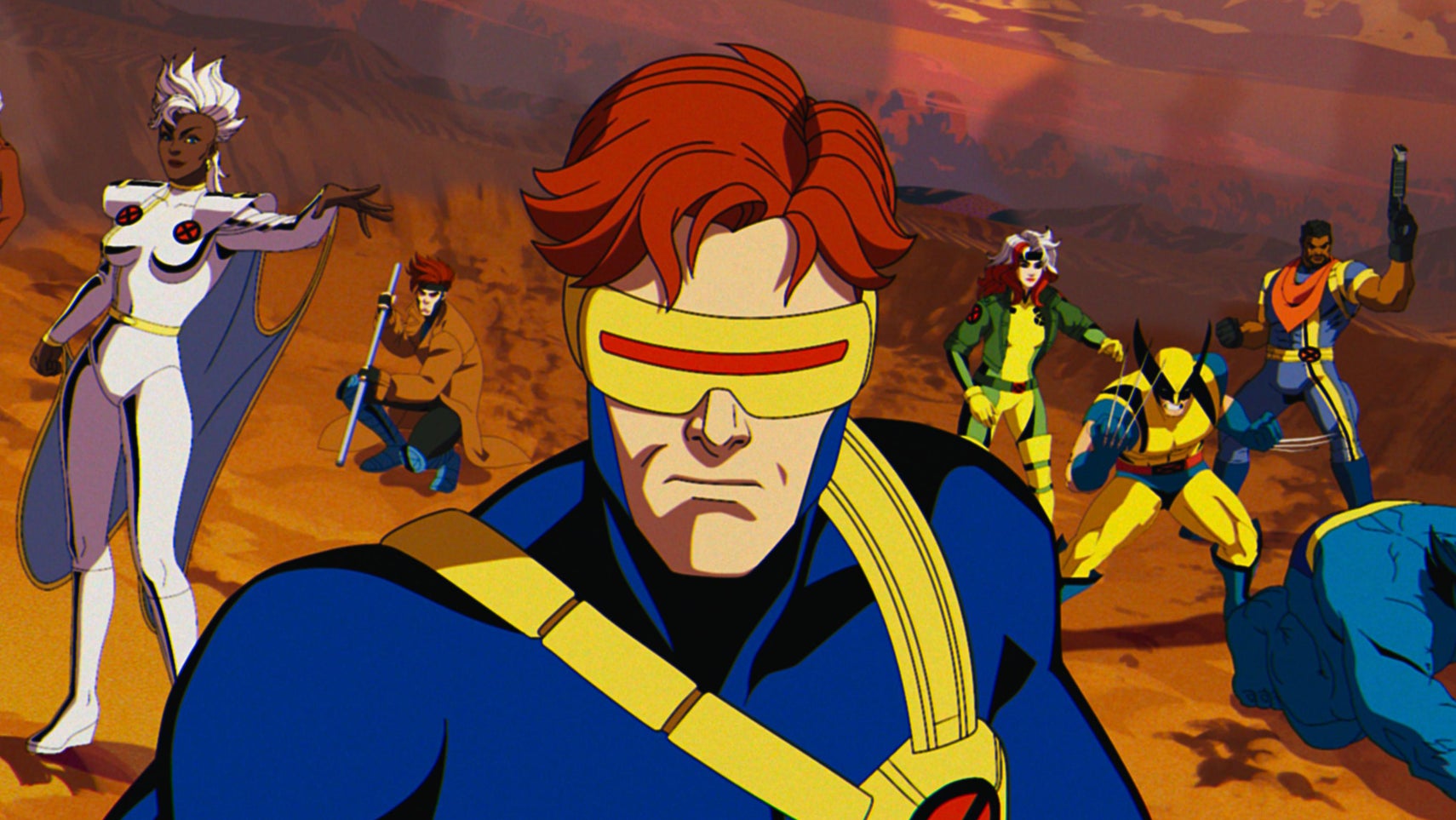 Still from X-Men 97 showing Cyclops in the centre of frame, other characters like Storm, Wolverine, and more behind him. - 1