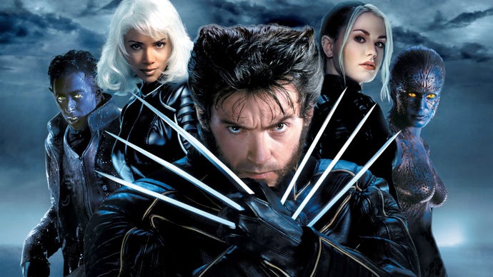 Promotional image for Fox's X-Men, with Wolverine at the front claws out, Nightcrawler, Storm, Rogue, and Mystique behind him.