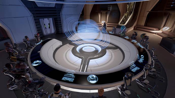 Many people sat around a table in a sci-fi meeting room in X4: Foundations.