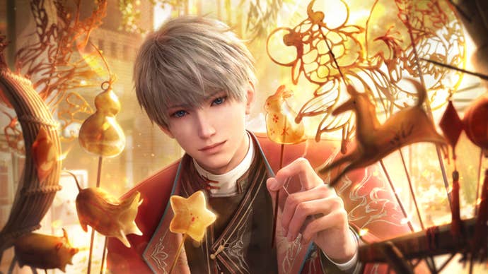 Xavier, dressed in a red jacket with elabourate stitched designs and a Chinese-style shirt, holds out a variety of gold sweets on sticks towards the POV player in a Love and Deepspace date/memory key art.