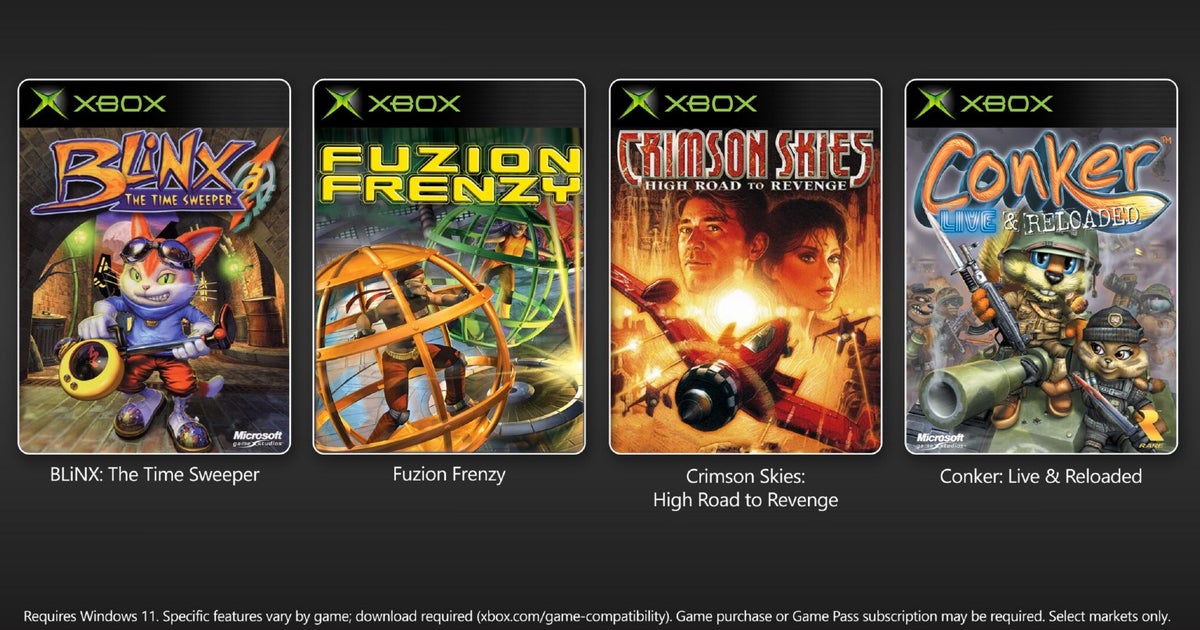 Photo: GamesIndustry.biz Four Xbox game covers arranged horizontally: Blinx: The Time Sweeper, Fuzion Frenzy, Crimson Skies: High Road to Revenge