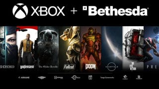 Image showing Xbox + Bethesda as the title, along with a montage of Dishonored, Wolfenstein, The Elder Scrolls, Fallout, Doom, Starfield, The Evil Within, and Prey, above a list of Bethesda studio brands.