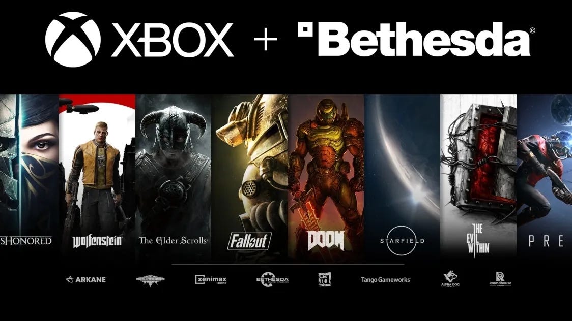 Image showing Xbox + Bethesda as the title, along with a montage of Dishonored, Wolfenstein, The Elder Scrolls, Fallout, Doom, Starfield, The Evil Within, and Prey, above a list of Bethesda studio brands.