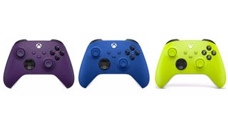 The Astral Purple, Shock Blue and Electric Volt Xbox Wireless controllers side-by-side.