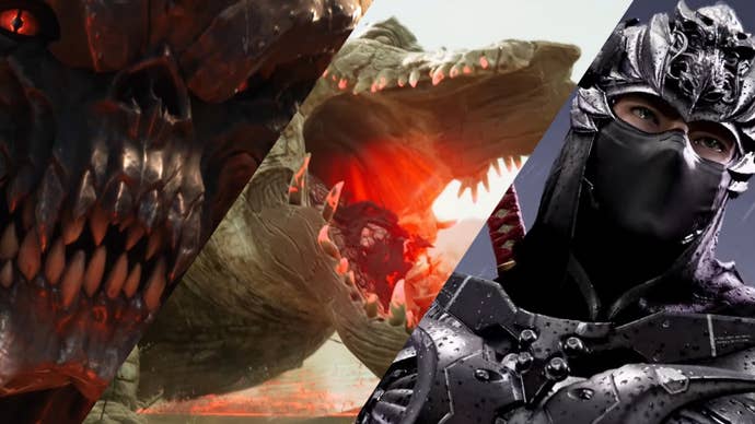 A composite image showing elements of Doom: The Dark Ages, South of Midnight, and Ninja Gaiden 4.