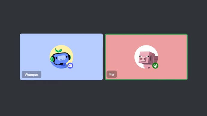A promotional image for Discord support on Xbox showing the Minecraft pig in a call with Discord’s robot mascot.