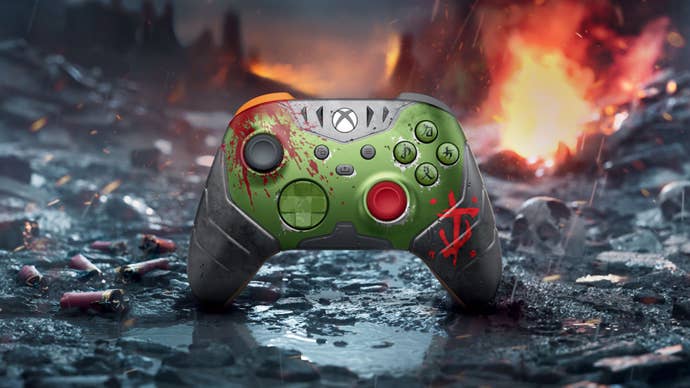 Promotional image showing the official Doom: The Dark Ages limited edition Xbox Wireless Controller.