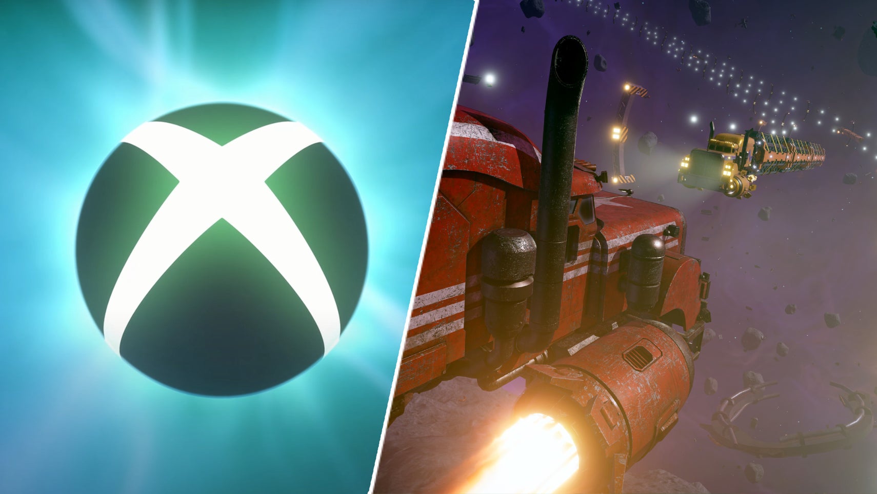 The Xbox logo next to some trucks in Star Trucker. - 1