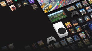 An Xbox Series S, a pair of Xbox controllers, a tablet, a phone, a TV, and numerous posters of games lay flat on a black void.