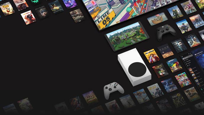 An Xbox Series S, Xbox controllers, a tablet, and TV surface laic level connected a acheronian grey void, variou crippled posters surrounding them.