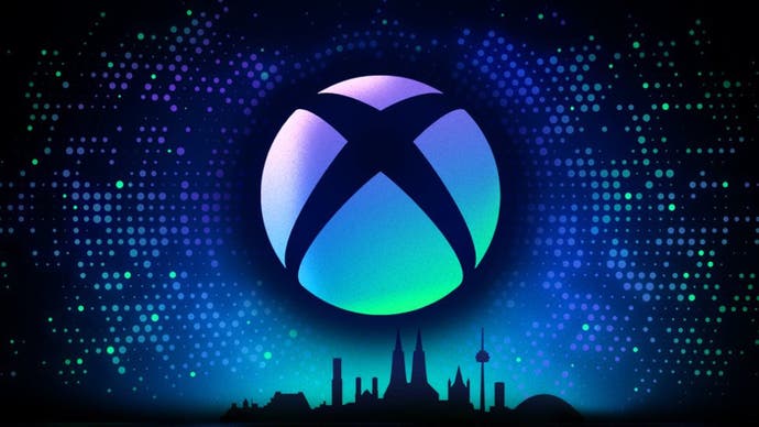 Promotional art showing the Xbox logo against a night-like background and hovering over a silhouetted skyline of Germany's Cologne.