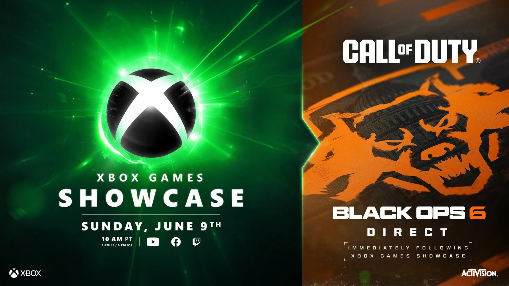 Promotional image for the Xbox Games Showcase. Text shares that the show will air Sunday, June 9th, 10am PT/ 1pm ET/ 6pm BST, with icons for YouTube, Facebook, and Twitch. The logo for Call of Duty Black Ops 6 can also be seen, with text explaining a direct will take place immediately after the Xbox showcase. - 1