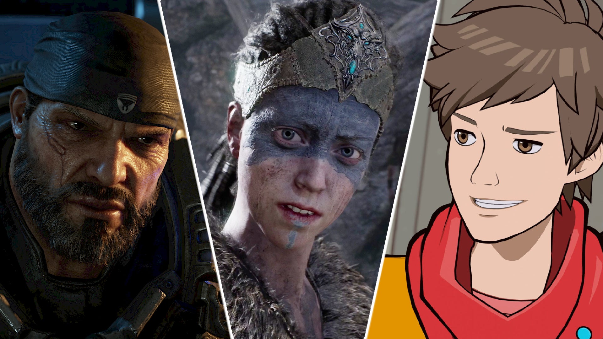 A trio of headshots: Marcus from Gears 5, Senua from Hellblade, and the main character from HiFi Rush. - 1