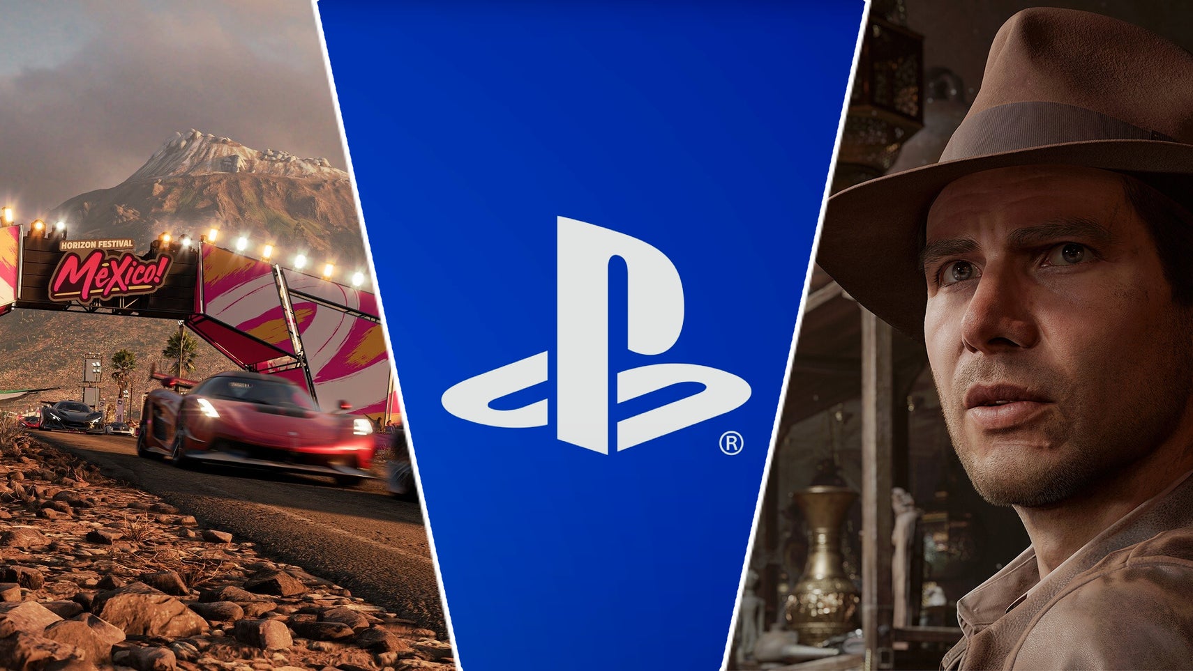 Indiana Jones and some cars in Forza Horizon 5 either side of a PlayStation logo. - 1