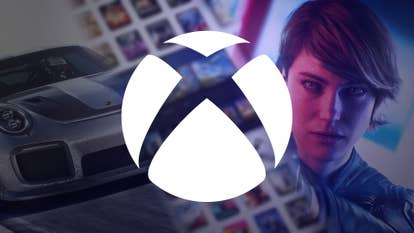 Joanna Dark, a Ferrari, and the Xbox logo overlaid against a grid of Xbox games.