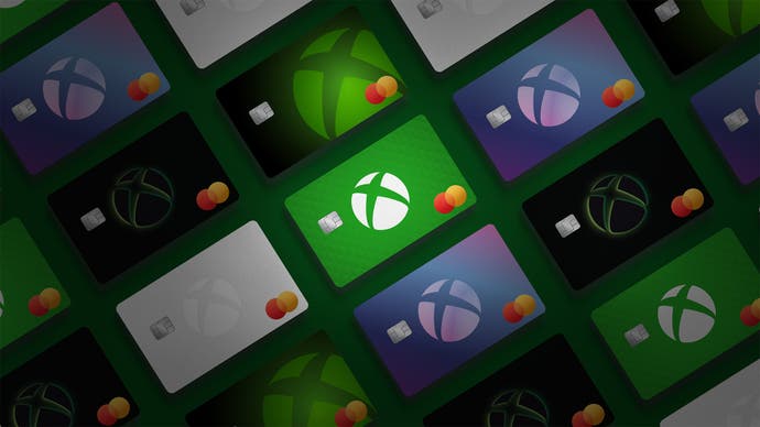 Xbox Mastercard promotional image showing all five card designs - purple, white, green, black, and green-black, each with the Xbox logo - arranged at a jauntily enticing angle.