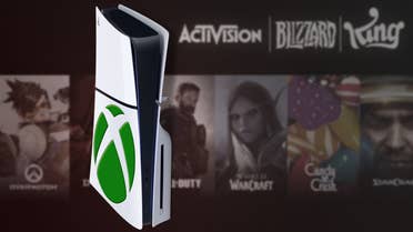 A PS5, with a green Xbox logo, sits over a blurred image of the King, Activision, and Blizzard logos.