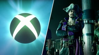Goro Majima in Like a Dragon: Pirate Yakuza in Hawaii opposite an Xbox logo.
