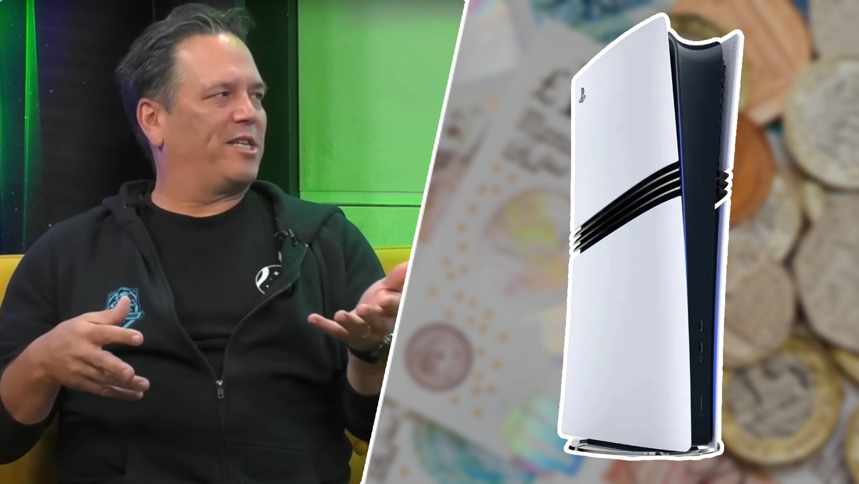Xbox's Phil Spencer opposite the PS5 Pro surrounded by money. - 1