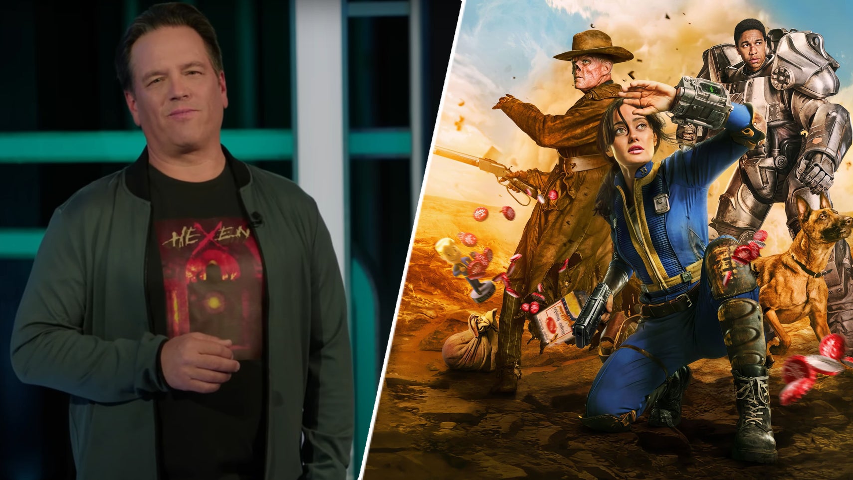Xbox CEO Phil Spencer alongside art showing the main characters in the Fallout TV show. - 1