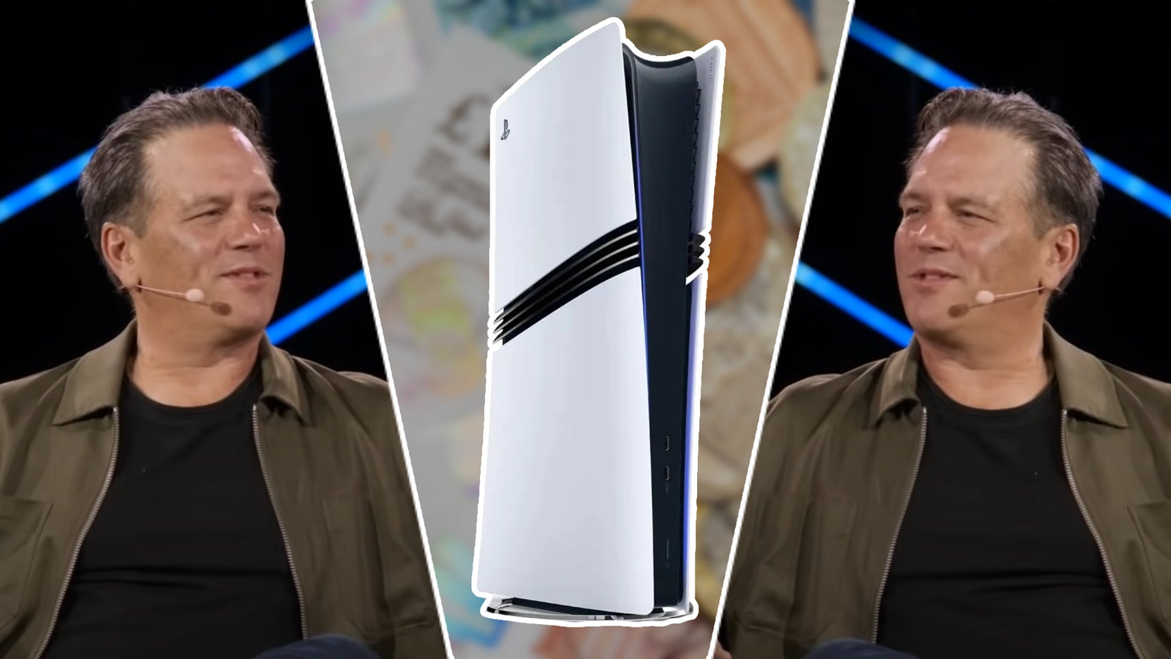 Xbox boss Phil Spencer looking at a PS5 Pro from two angles. - 1
