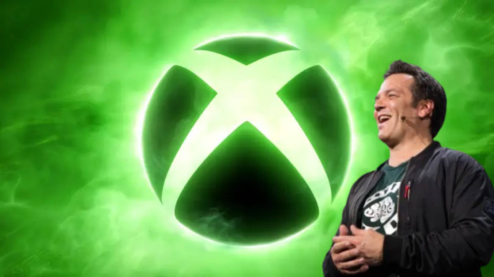 Green Xbox logo with Phil Spencer superimposed over it