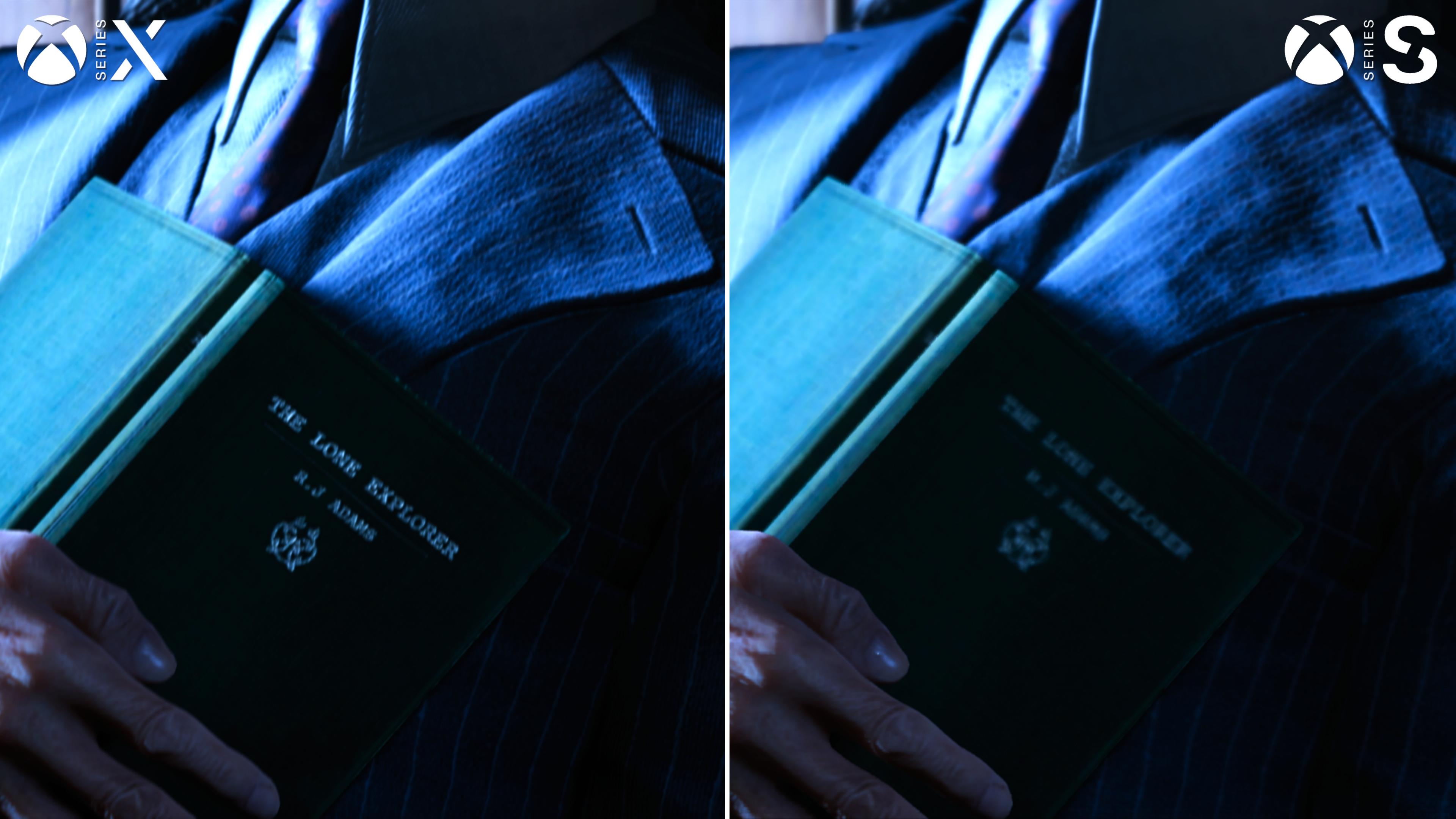 Great Circle Xbox Series X vs Series S screenshot comparing a book texture
