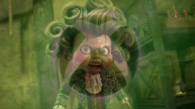 An angry marionette puppet with curly Victorian-wig-style hair, with the spherical green Xbox logo overlaid on top.