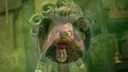 An angry marionette puppet with curly Victorian-wig-style hair, with the spherical green Xbox logo overlaid on top.