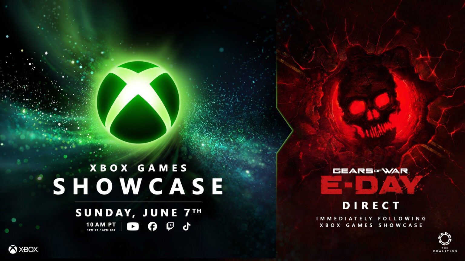 A glowing green Xbox logo orb next to a red skull Gears of War logo. Together them make the Xbox Games Showcase. Please be good, please be good.