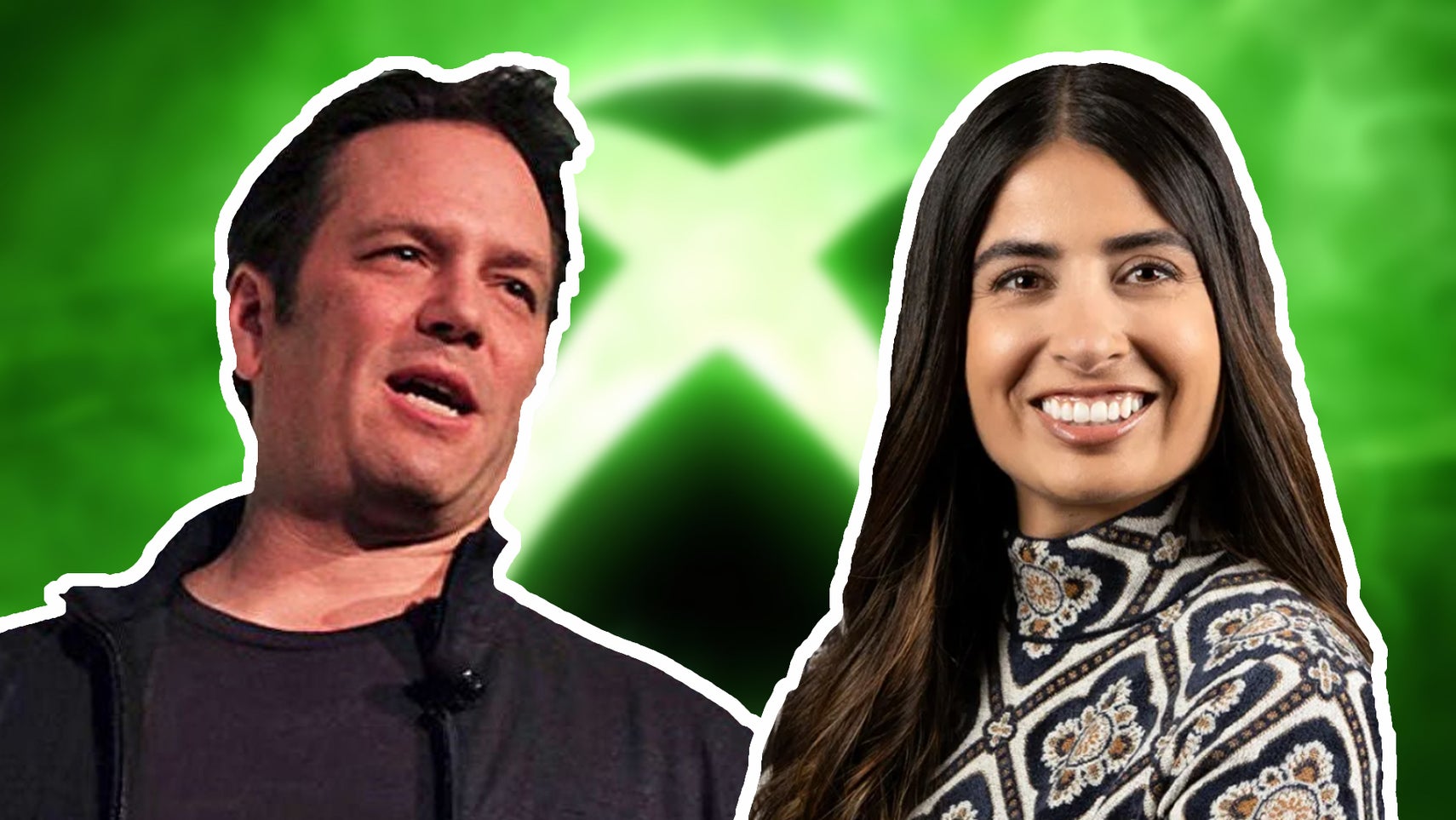 Xbox's former CEO Phil Spencer and new CEO Asha Sharma superimposed over a blurred Xbox logo.
