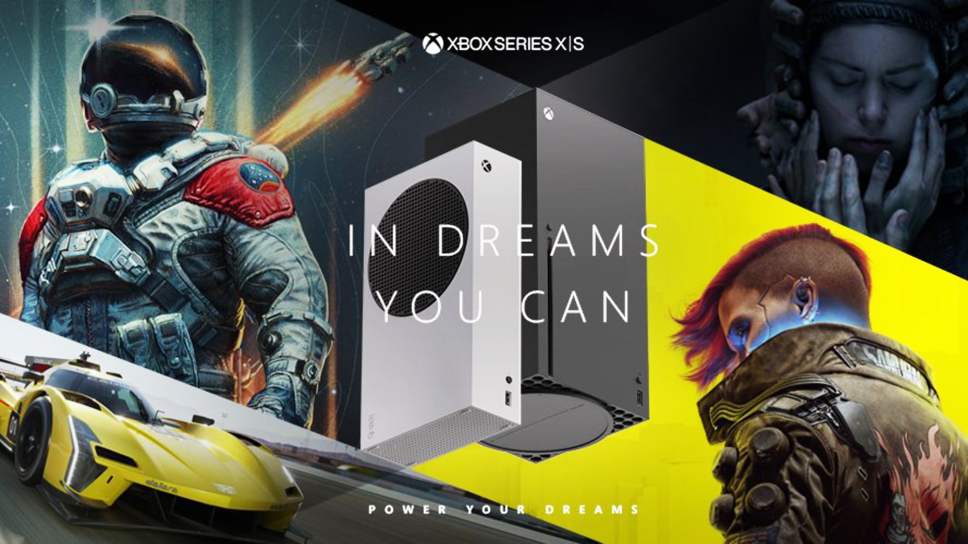 Some Xbox consoles alongside characters from games.