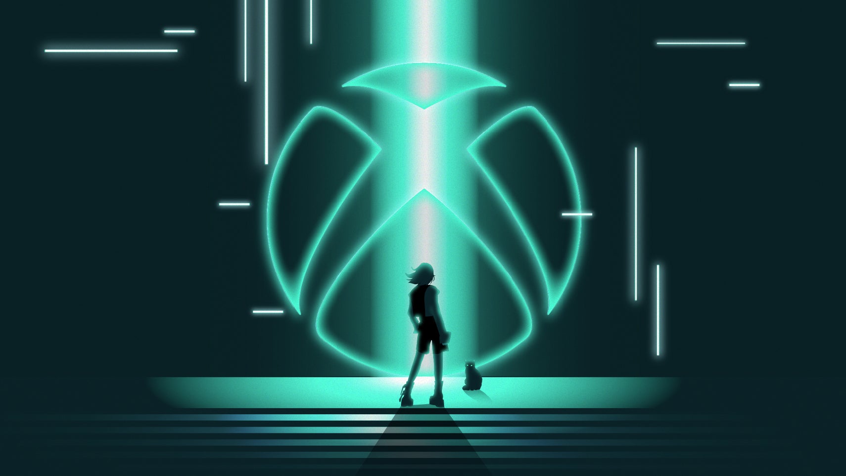 A character standing in front of an Xbox logo. - 1