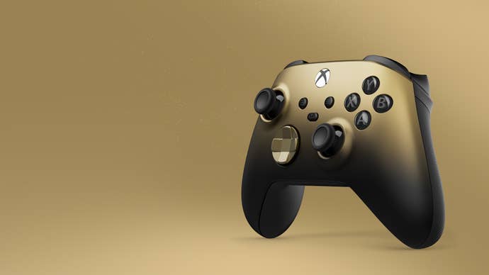 Shot of the Xbox wireless controller - Gold Shadow special edition on a gold backdrop