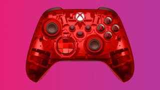 Xbox Wireless Controller Pulse Cipher red controller on a gradient background