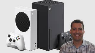 Xbox Series X/S consoles with Mike Ybarra superimposed in the corner