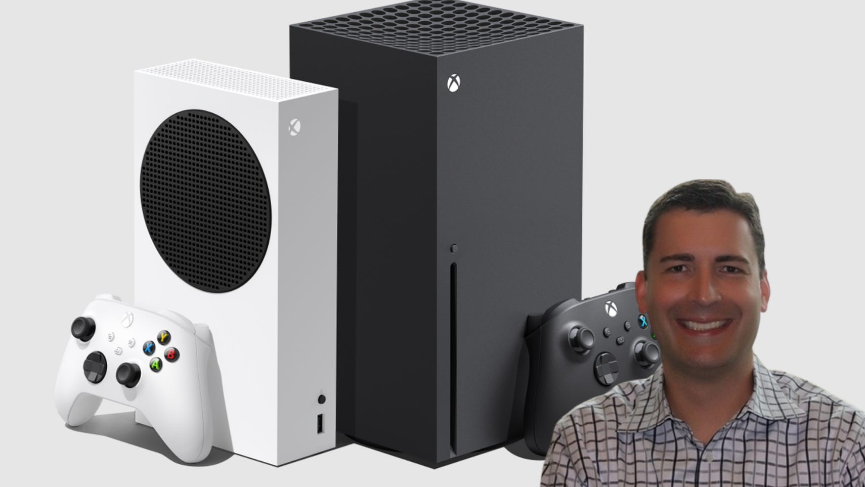 Xbox Series X/S consoles with Mike Ybarra superimposed in the corner