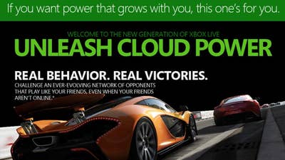 An Xbox One ad saying "If you want power that grows with you, this one's for you" and "Welcome to the new generation of Xbox Live: Unleash Cloud Power" on top of an image of Forza Motorsport 5