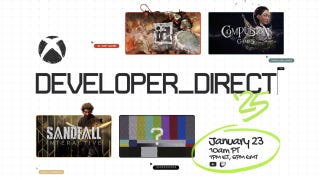 Xbox Developer Direct artwork. It shows the Xbox logo on a white background with four windows with game imagery in them. They name the developers id Software, Compulsion Games, and Sandfall, and then there's a fourth window with a question mark in it. A surprise. What will it be?