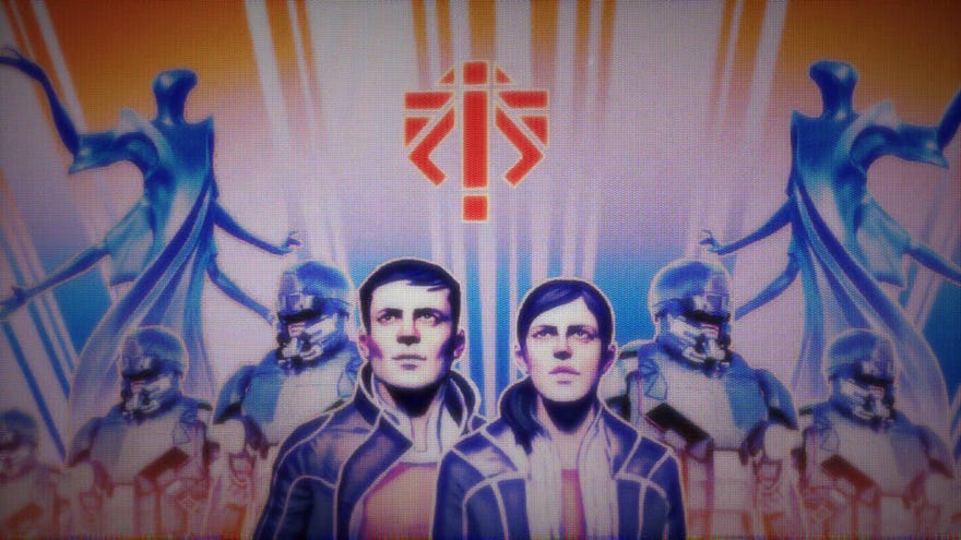 Humans pose with Advent forces in an XCOM 2 loading screen.