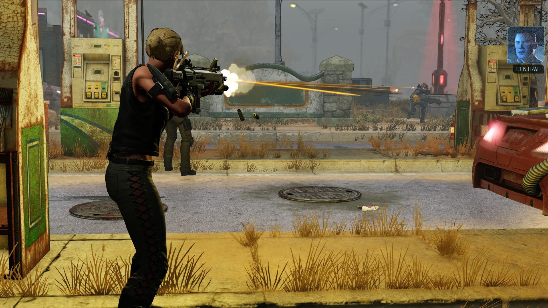 An over the shoulder shot of a soldier firing on aliens in XCOM 2