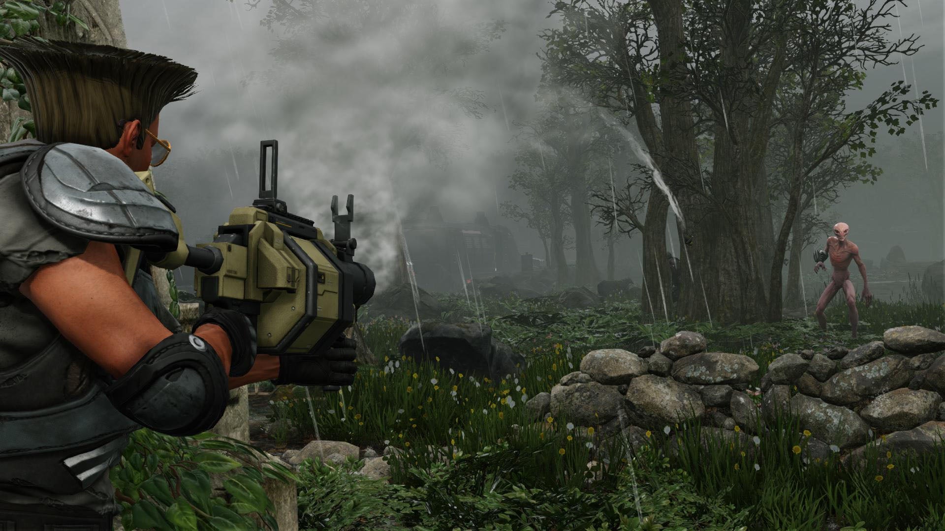 A soldier fires a grenade at a sectoid in XCOM 2